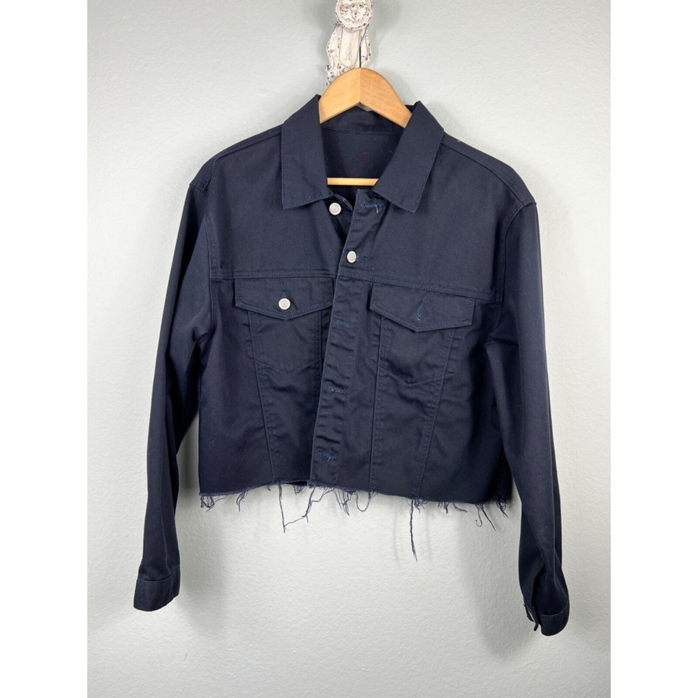John Galt Cropped Raw Hem Denim Jacket S Navy Blue Streetwear Edgy Casual